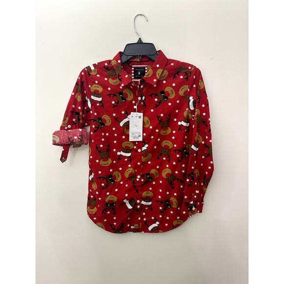 Cactus Boys Red Reindeer Roll Tab Button Down Shirt 9/10 NWT - Picture 1 of 8